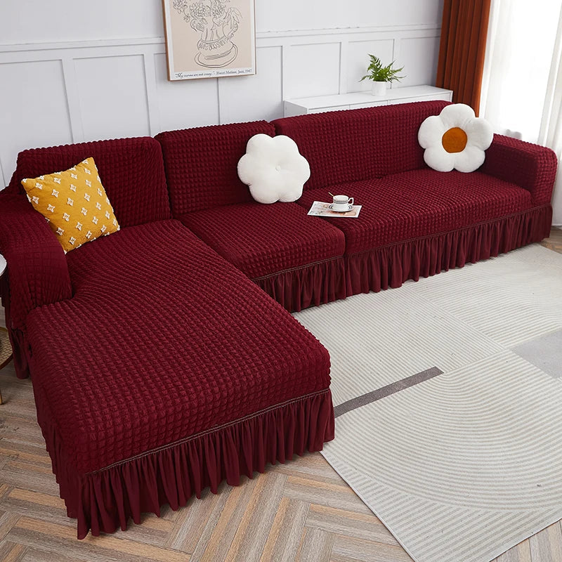 2025 L Shape Turkish Bubble Frill Sofa Covers : Maroon