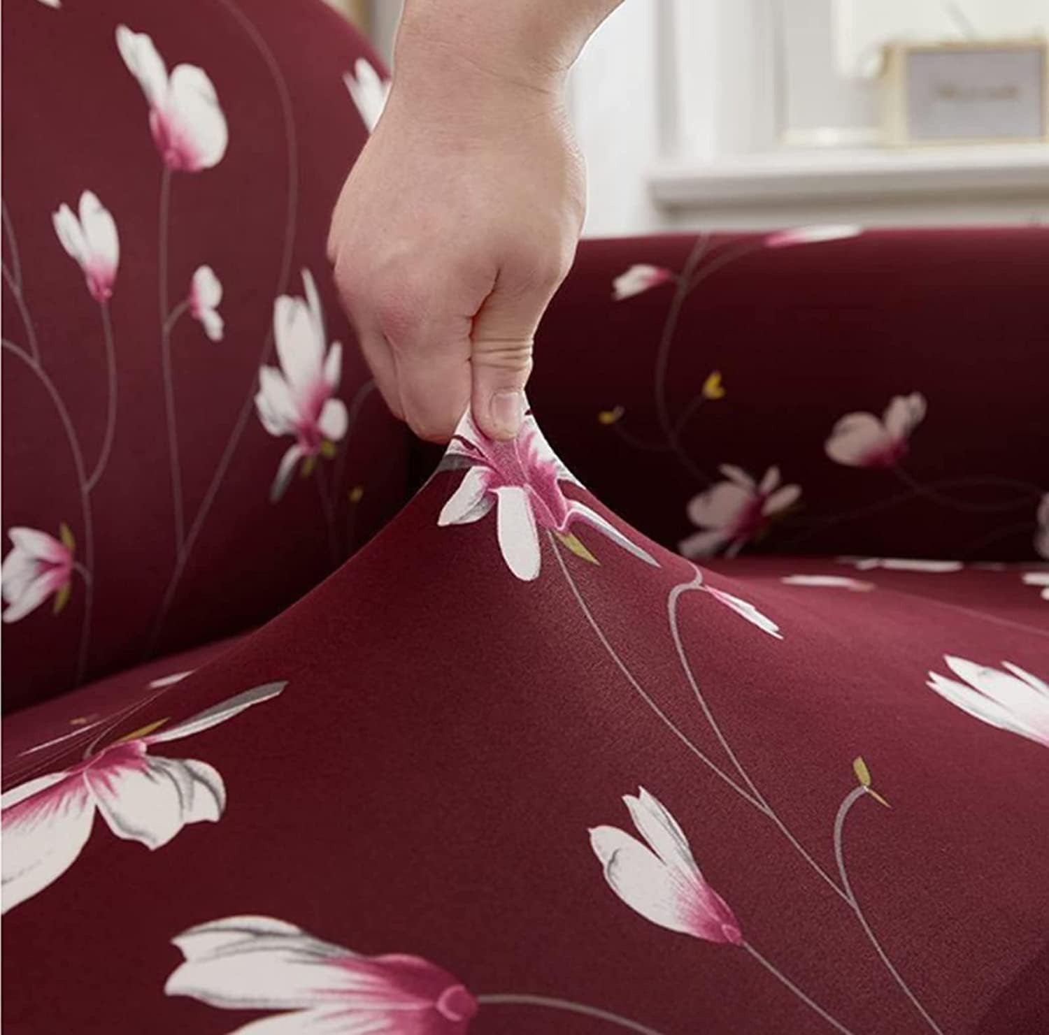 Fabrella Exclusive Stretchable Sofa Cover - Floral Maroon