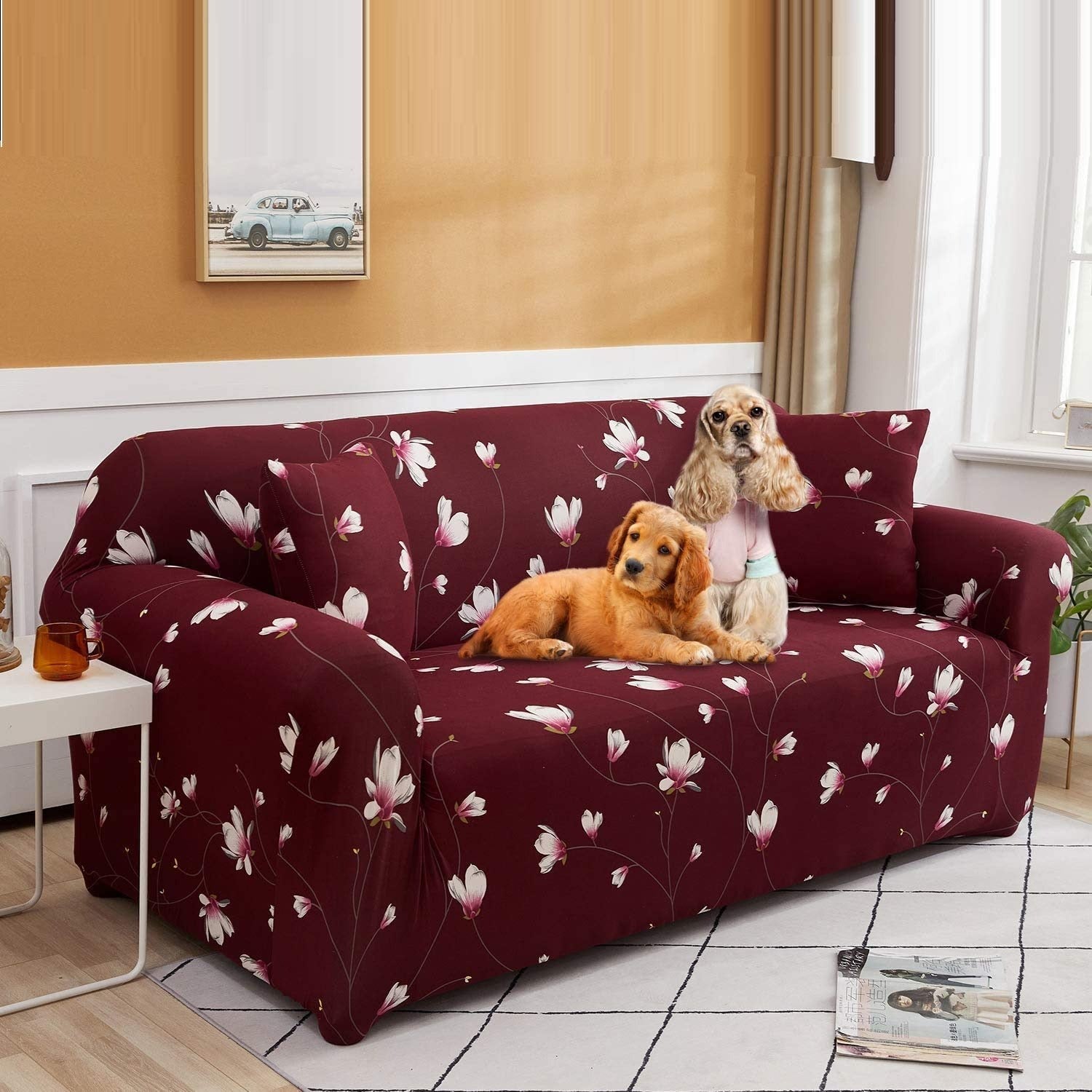 Fabrella Exclusive Stretchable Sofa Cover - Floral Maroon