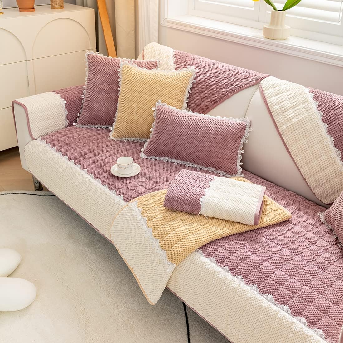 Febrella Quilted Non-Slip Sofa Cover Mat - Rose Mauve