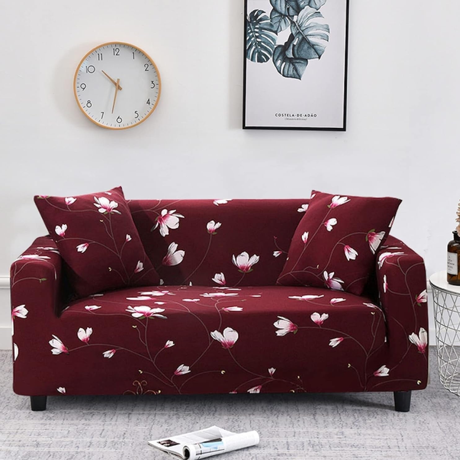 Fabrella Exclusive Stretchable Sofa Cover - Floral Maroon