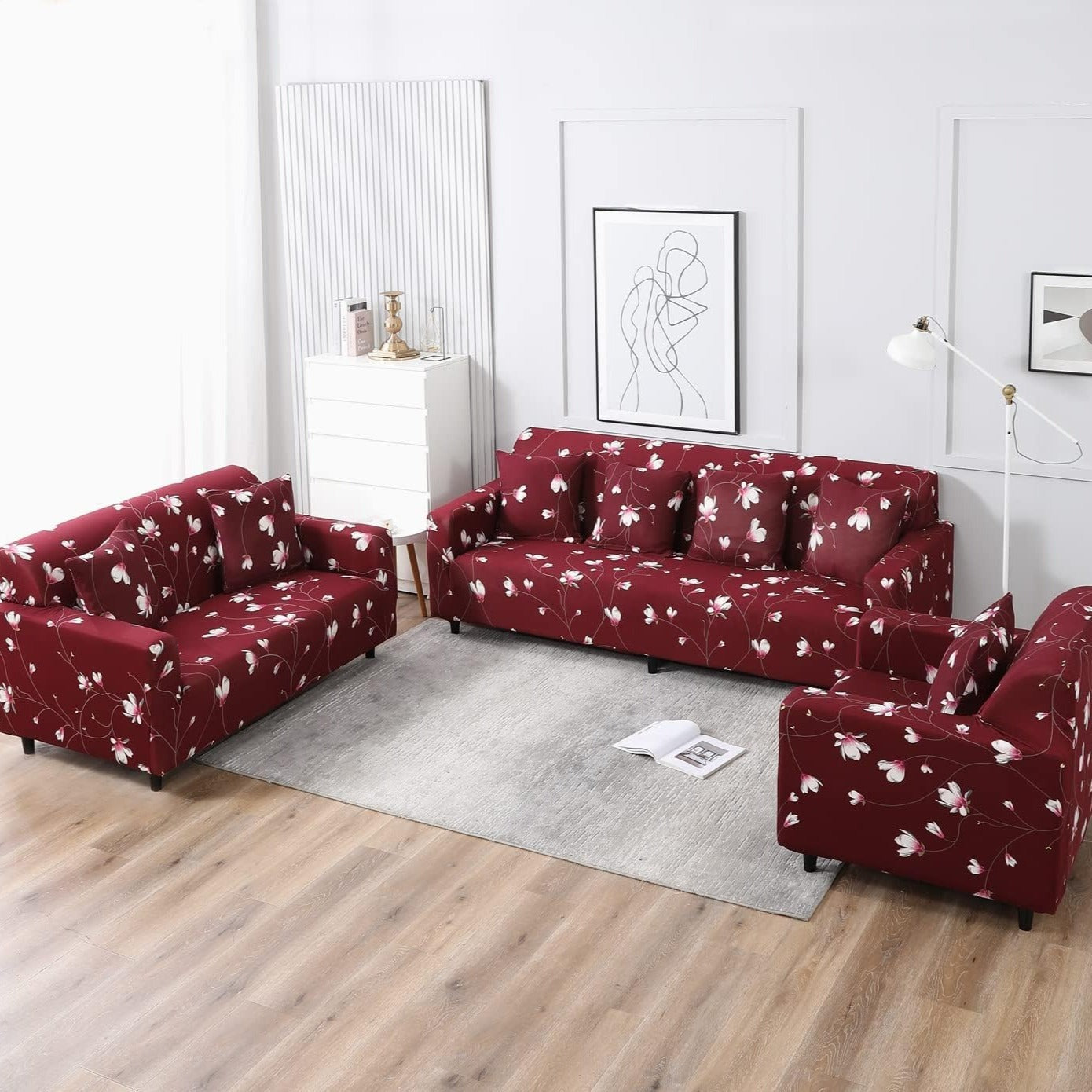 Fabrella Exclusive Stretchable Sofa Cover - Floral Maroon