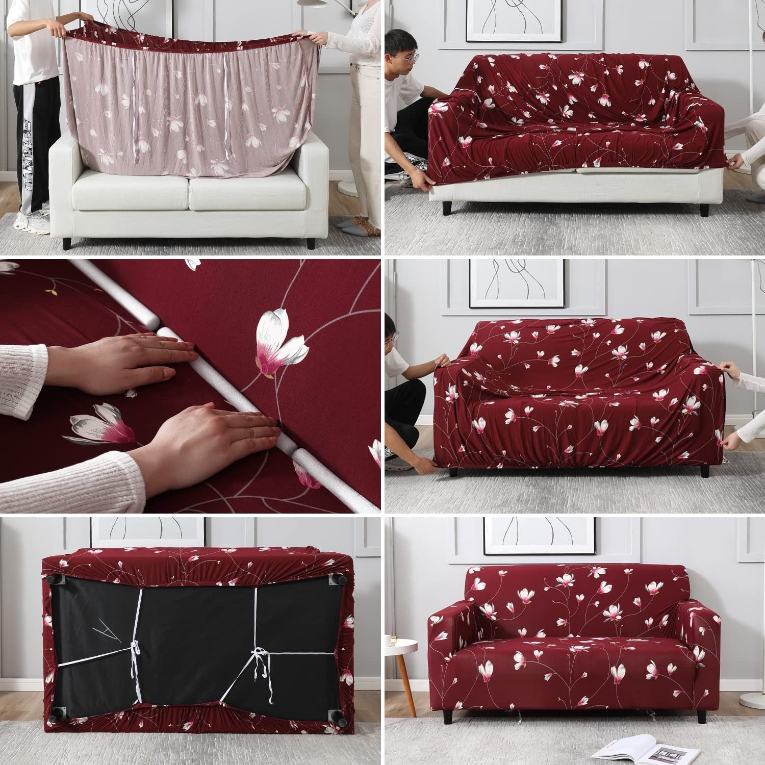 Fabrella Exclusive Stretchable Sofa Cover - Floral Maroon